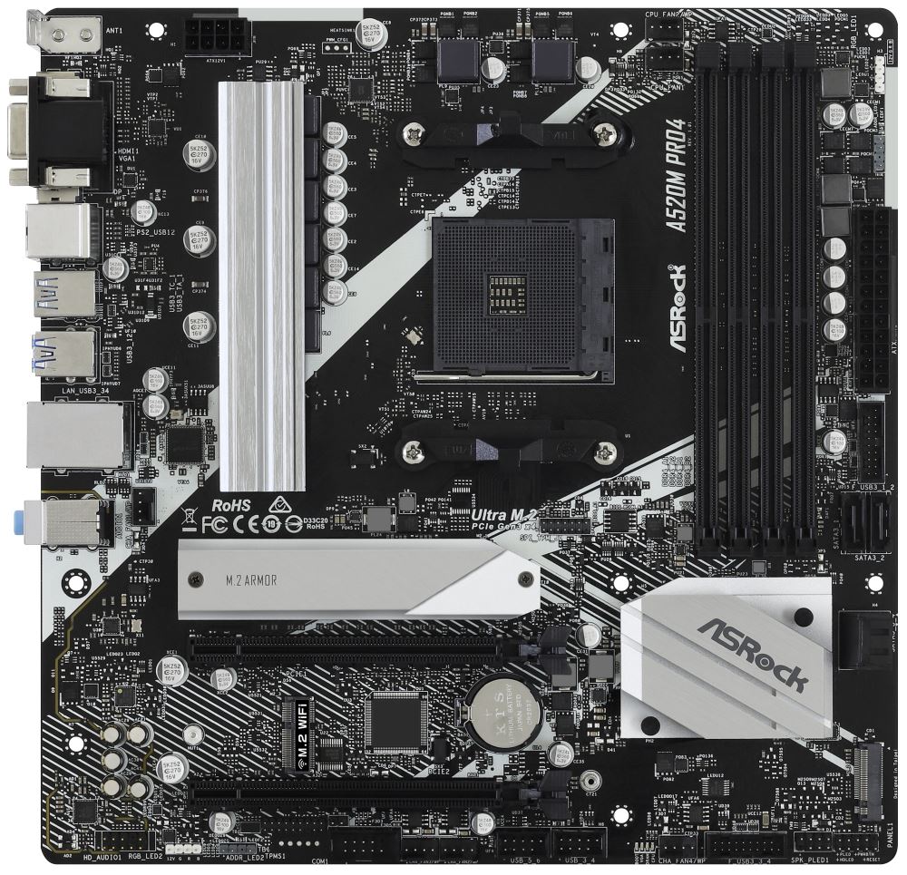 ASRock A520M PRO4 / AMD A520 / AM4 / 4x DDR4 DIMM / M.2 / VGA / HDMI / DP / USB-C / mATX